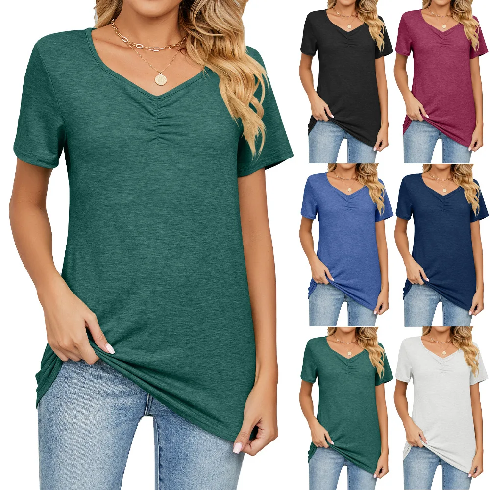 Women's Tops V-neck Pleated Summer Fashion New Casual Solid Color Loose T-shirt Female
Women's Tops V-neck Pleated Summer Fashion New Casual Solid Color Loose T-shirt Female