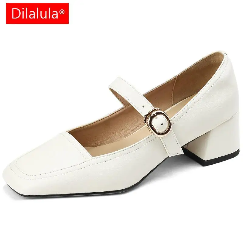 

Dilalula 2023 Concise Women Pumps Spring Summer Office Lady Casual Thick Heels Square Toe Genuine Leather Mary Janes Shoes Woman