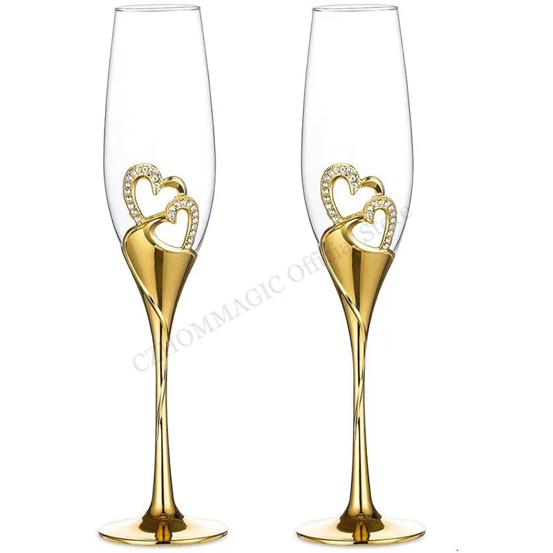 

2pcs 200ml Wedding Champagne Glass Set Hearts Gold Toasting Flute Wine Glass Goblet Party Lover Anniversary Valentine's Day Gift