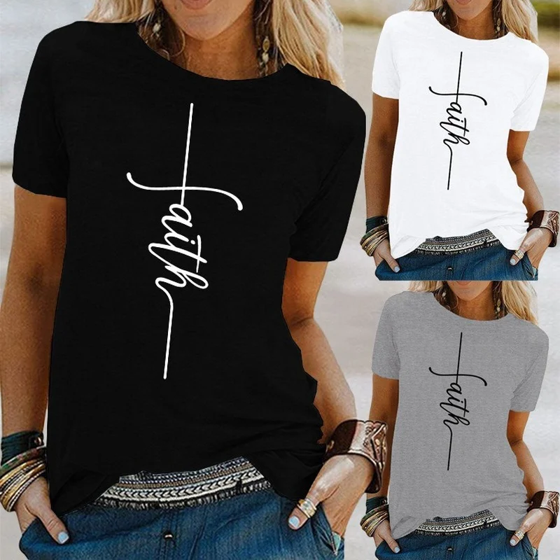 Round Neck Pullover Print T-shirt European and American Short-sleeved Women's Clothing Shirts Faith Print
Round Neck Pullover Print T-shirt European and American Short-sleeved Women's Clothing Shirts Faith Print