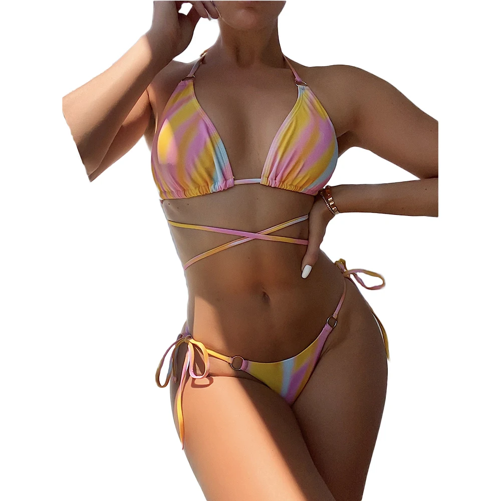 FS Color Stripe Print Bathing Suits Thong Micro Bikinis Set Two Pieces Swimsuits Women Swimwear Halter Lace Up Side String Tie
FS Color Stripe Print Bathing Suits Thong Micro Bikinis Set Two Pieces Swimsuits Women Swimwear Halter Lace Up Side String Tie