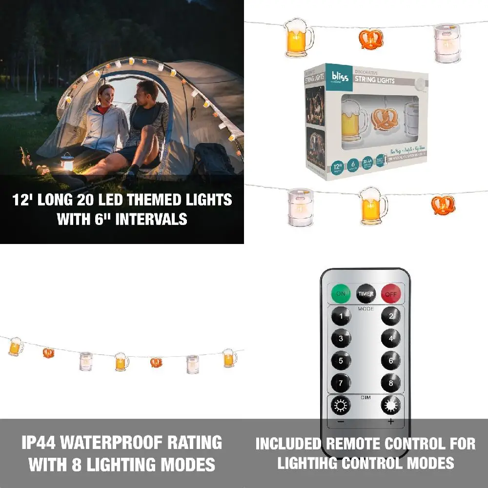 Stylish & Remote-Controlled 20 LEDs 12Ft Beer & Pretzel Themed String Lights w/ Hanging Clips, Battery Operated 8 Lighting Modes
Stylish & Remote-Controlled 20 LEDs 12Ft Beer & Pretzel Themed String Lights w/ Hanging Clips, Battery Operated 8 Lighting Modes