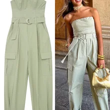 TRAF 2023 New Women Fashion Y2K Jumpsuit Solid Green With Belt Sleeveless Green Cargo Pants Loose Chic Female Clothing Street