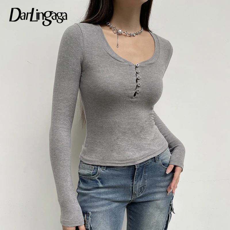 Darlingaga Harajuku Grey Knit Autumn T shirt Female Solid Fitness Buttons Long Sleeve Top Casual All-Match Spring Tee Shirts New 
Darlingaga Harajuku Grey Knit Autumn T shirt Female Solid Fitness Buttons Long Sleeve Top Casual All-Match Spring Tee Shirts New