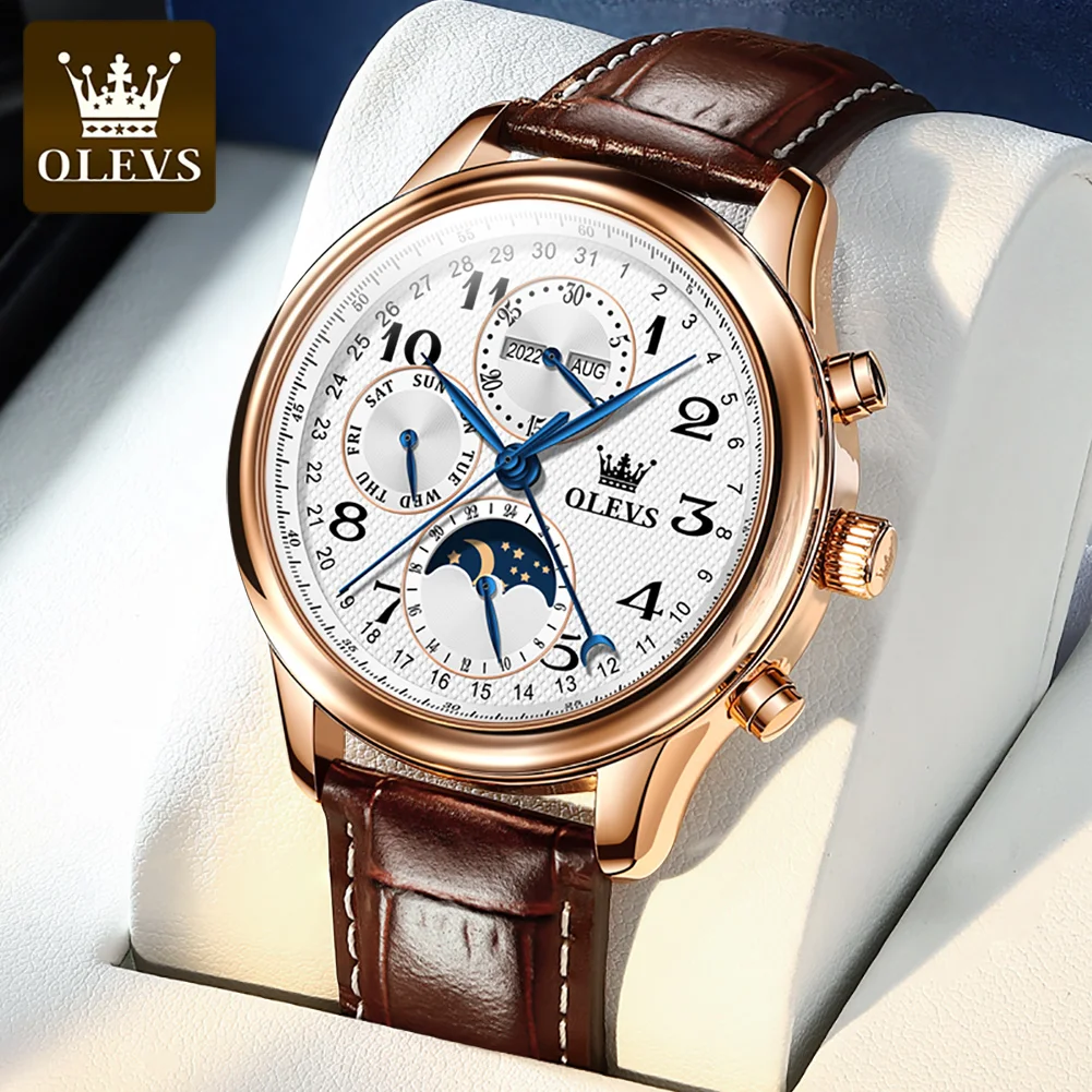 

Olevs Top Brands Mechanical Men Watch Multi-Functional Chronograph Leather Strap Male Wristwatch Moon Phase Calendar Watches