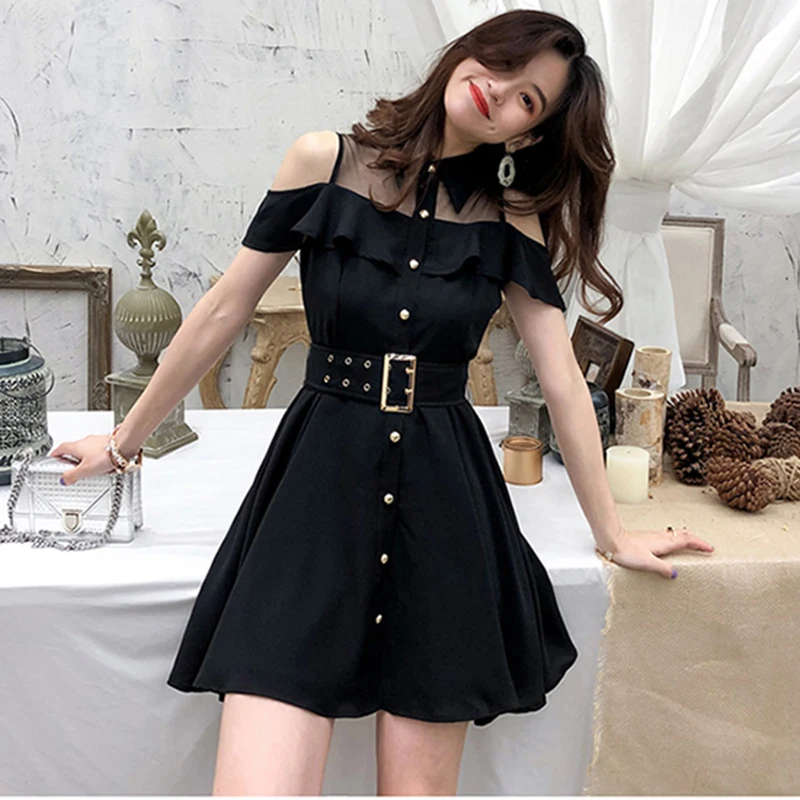 New 2020 Women Single-breasted Summer Dress Gothic Black Off Shoulder Mesh Patchwork Female Mini Dresses Belted Vestidos
New 2020 Women Single-breasted Summer Dress Gothic Black Off Shoulder Mesh Patchwork Female Mini Dresses Belted Vestidos