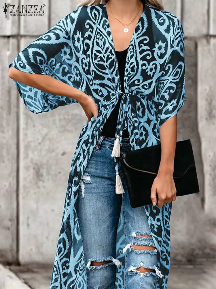 

2022 Summer Holiday Chiffon Cover-Ups Women Beach Cardigans ZANZEA Vintage Printed Maxi Tops Casual Bohemian See Through Kimonos