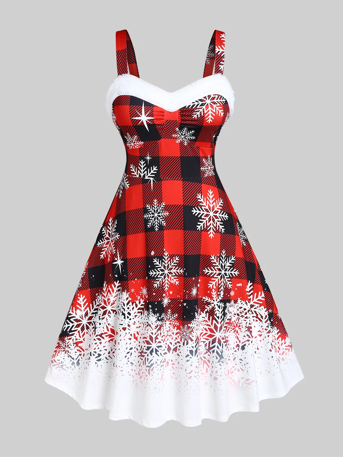 

ROSEGAL Christmas Plaid Snowflake Print Dresses 5XL Laides Sexy Straps Empire Waist Sleeveless Xmas A-Line Dress Midi Vestidos