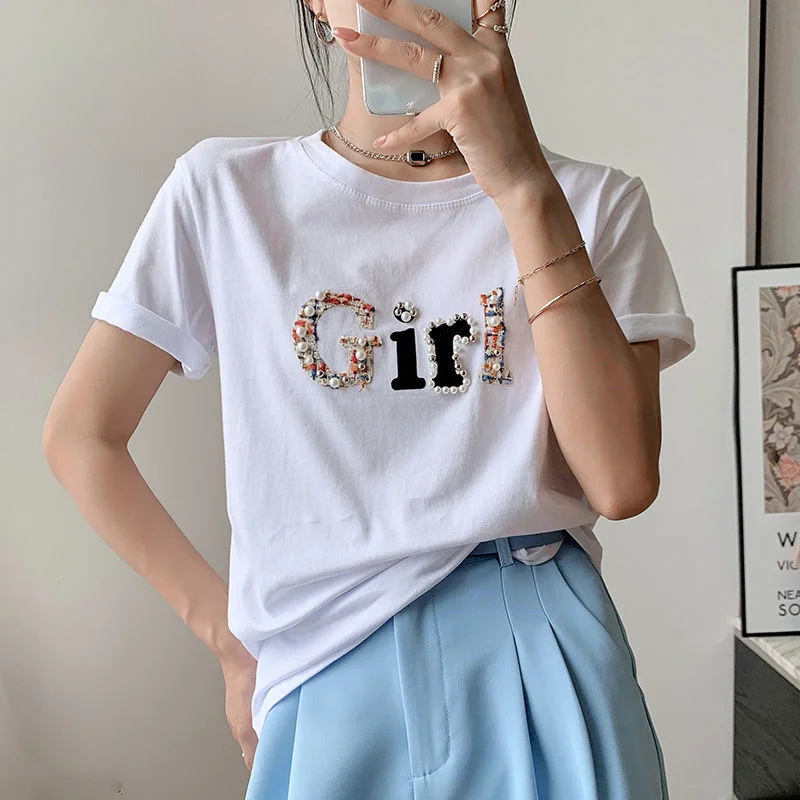 Short Sleeved Women's Summer New Cotton Heavy Industry Nail Bead Printing T-shirt Ins Trendy Korean Versatile Half Sleeved Top
Short Sleeved Women's Summer New Cotton Heavy Industry Nail Bead Printing T-shirt Ins Trendy Korean Versatile Half Sleeved Top