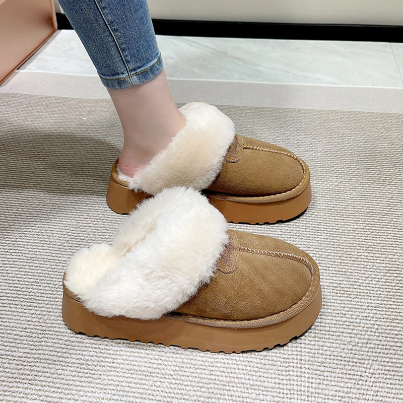 

Fur Warm Flats Platform Women Cotton Slippers Suede Cozy Casual Mules Shoes 2024 Winter New Short Plush Slingback Flip Flops