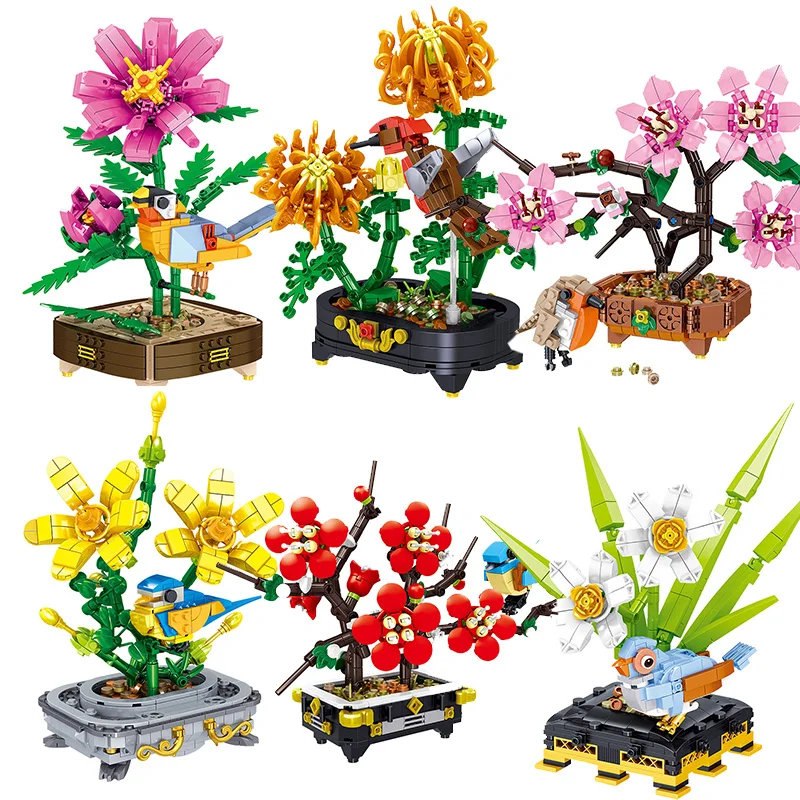 

City Creative Series Plant Bonsai Flower Chrysanthemum Daffodil Peony Flower Office Decoration Micro Building Blocks Bricks Toys