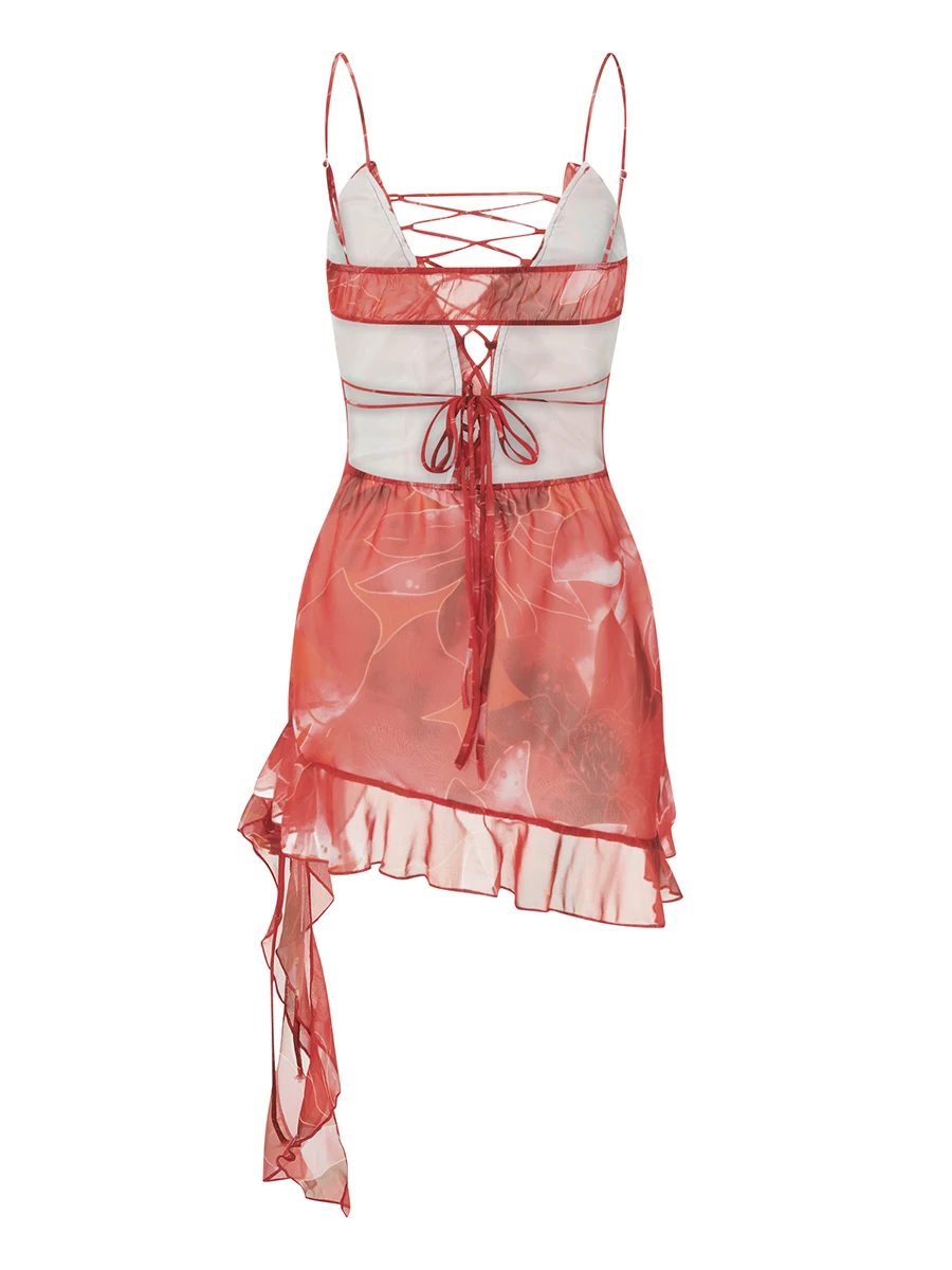 

Женское сексуальное мини-платье с оборками Y2k, платья с асимметричным подолом с бахромой и оборками, платье с лямкой на шее и глубоким V-образным вырезом, платье для ночного клуба (C, красный, L)