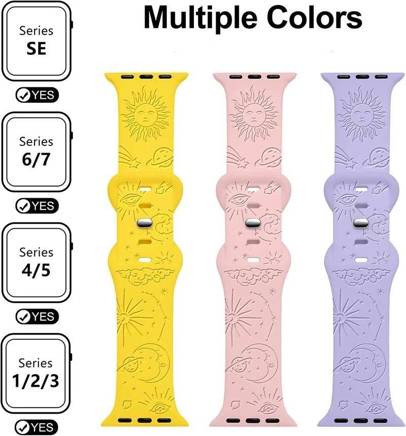 Moon Sun Star Engraved Watch Strap for Apple Watch 38 40 41mm Women Men, Soft Silicone Watch Bands Bracelet Strap Drop Shipping
Moon Sun Star Engraved Watch Strap for Apple Watch 38 40 41mm Women Men, Soft Silicone Watch Bands Bracelet Strap Drop Shipping