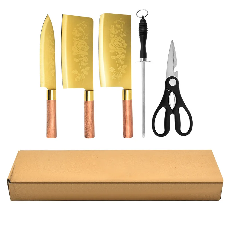 Kitchen Accessories New Style Golden Titanium Plated Kitchen Knives Bone Butcher Cleaver Chef Silcing Knives Fruit Meat Cutters
Kitchen Accessories New Style Golden Titanium Plated Kitchen Knives Bone Butcher Cleaver Chef Silcing Knives Fruit Meat Cutters