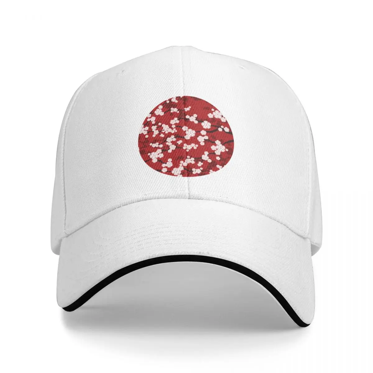 

Baseball Hat For Men Women Snapback White Oriental Cherry Blossoms On Red | Zen Japanese Sakura Flowers  Fatfatin Black Hat