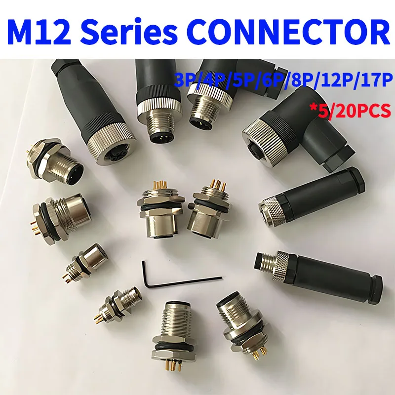 

5/20 PCS M12 12MM Connector 4P 5P 6P 8P 12P Male Female Solderless Plug Aviation Socket Screw Sensor Connector Straight/Elbow