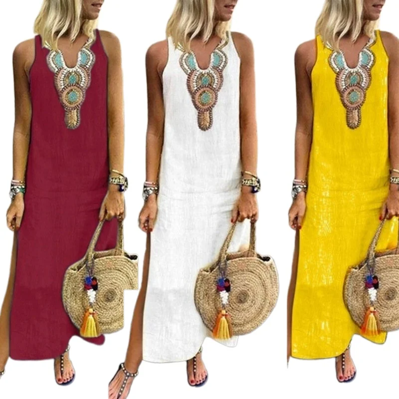 Summer Women's New sleeveless Long Large size printed Dress Ladies solid color deep V-neck Loose waist lower split Vest skirt
Summer Women's New sleeveless Long Large size printed Dress Ladies solid color deep V-neck Loose waist lower split Vest skirt