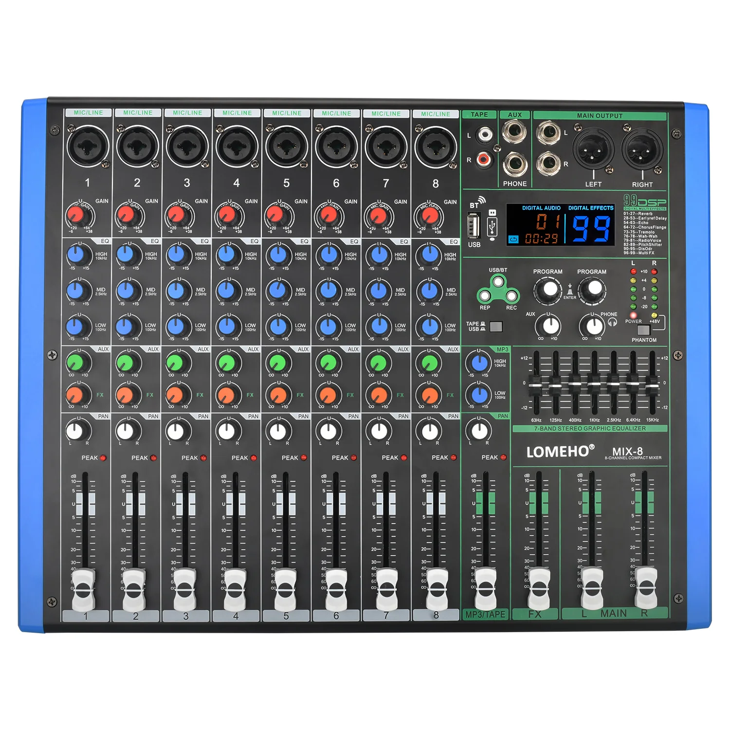 

Звуковой микшер LOMEHO, стерео запись, 8-канальная микшерная консоль, 99 цифровых эффектов, Bluetooth, 7-полосный EQ звуковой стол для караоке MIX-8