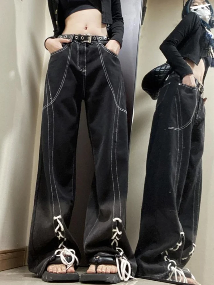 American Lace up Jeans Women Vintage Fashion Black Wash Loose Straight Leg Couple Wide Leg Pants Y2K Jeans 2023 New
American Lace up Jeans Women Vintage Fashion Black Wash Loose Straight Leg Couple Wide Leg Pants Y2K Jeans 2023 New