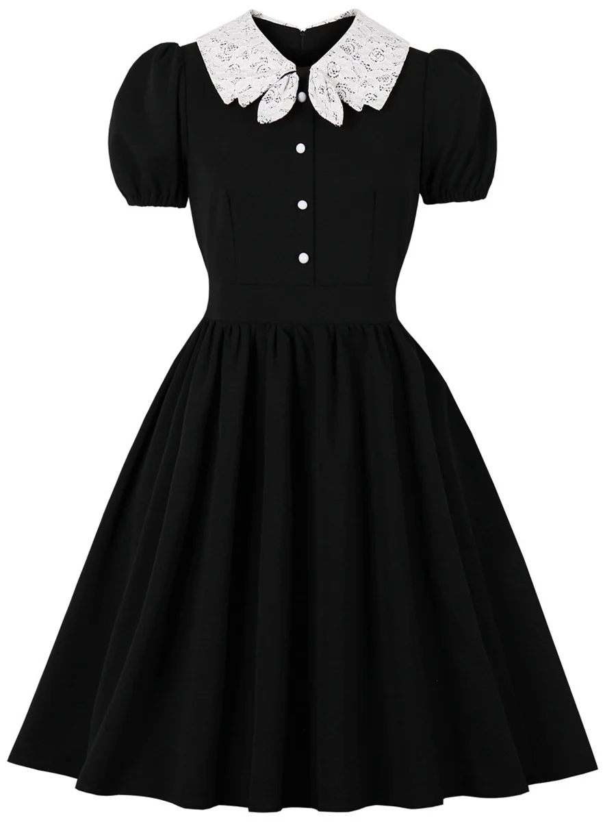 Lace Neck Brief Elegant Solid Color Sleeveless Black Vintage Dress Short Sleeve 50s 60s Vestido Party A-Line Women Flare Dresses
Lace Neck Brief Elegant Solid Color Sleeveless Black Vintage Dress Short Sleeve 50s 60s Vestido Party A-Line Women Flare Dresses