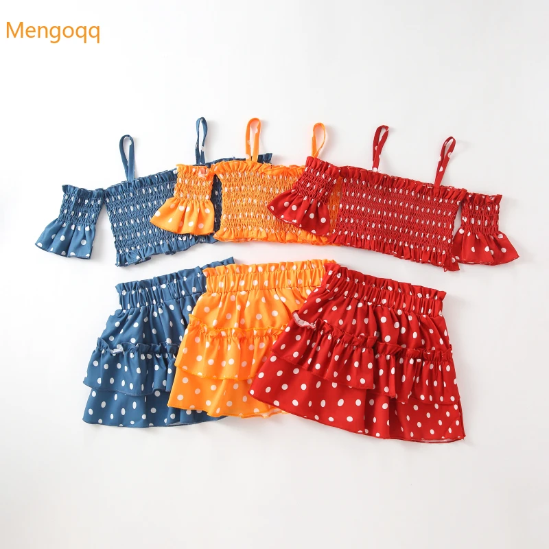

Mengoqq Kids Girls Summer Off Shoulder Dot Pleat Top T-shirts Ruched Skirts Cupcake Children Baby Fashion Clothing Set 2pcs 2-7Y