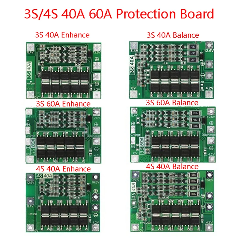

3S 4S 40A 60A Li-ion Lithium Battery Charger Protection Board 18650 BMS For Drill Motor 11.1V 12.6V/14.8V 16.8V Enhance Balance