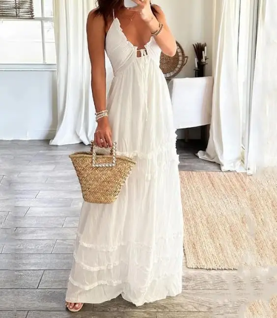 Women's Vacation Sexy Backless Camisole Long Dress New Summer Fashion Woman Gathering Lace A-Line Loose Sling Dresses
Women's Vacation Sexy Backless Camisole Long Dress New Summer Fashion Woman Gathering Lace A-Line Loose Sling Dresses