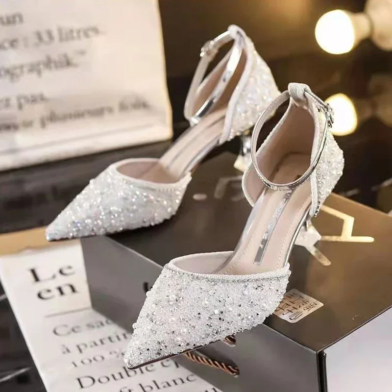 

Туфли-лодочки женские с ремешком на щиколотке, Элегантные свадебные туфли с кристаллами, высокий каблук, заостренный носок, Роскошные, для невесты, весна