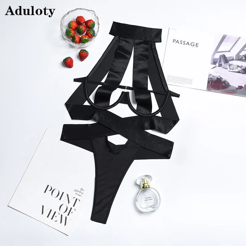 

Aduloty Women's Underwear Sexy Teddy Bodysuit Underwire Halter Bra Cutout Splicing Bandage See-Through 2022 Erotic Lingerie Set