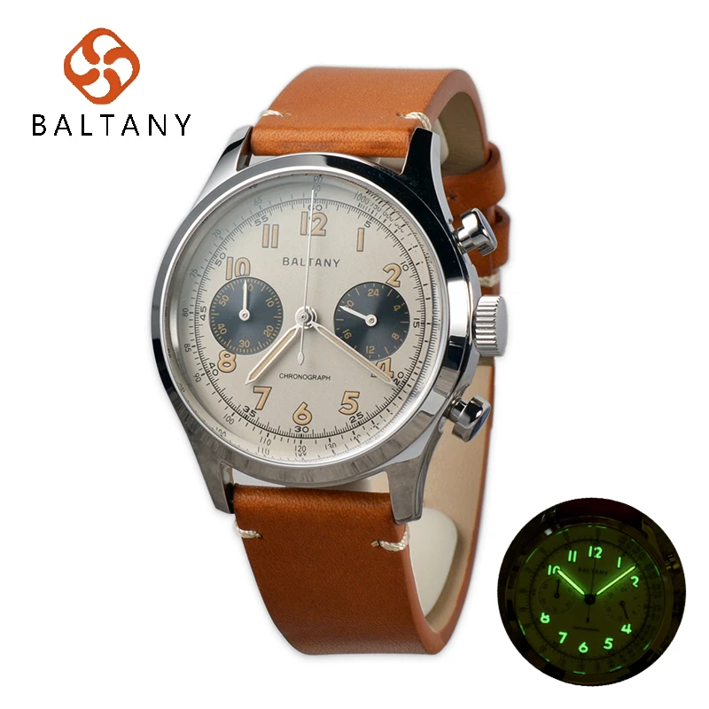 

Baltany Retro Quartz Watch Multifunction White Enamel Dial Swiss Yellow Oil Lume 5ATM Waterproof Vintage Watches For Men