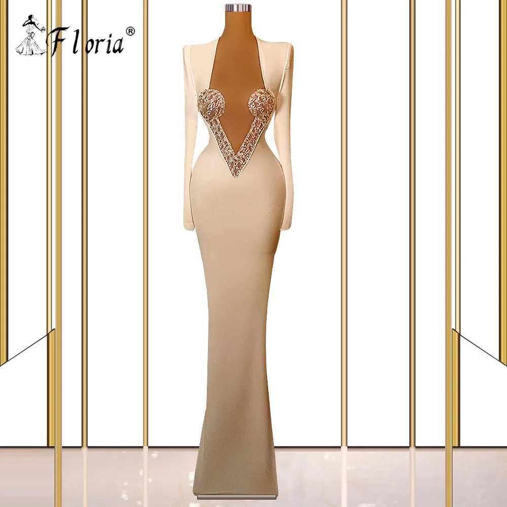 

Elegant Ivory Mermaid Prom Dress Long Sleeves Sheer V Neck Satin Abendkleider Dubai Formal Party Gown Simple Evening Dresses