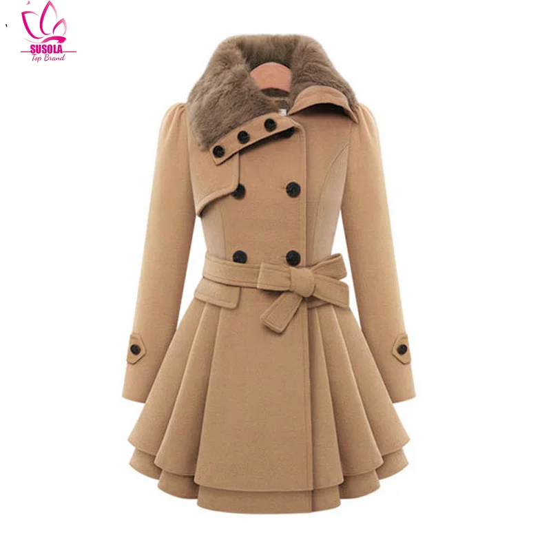 

Women Wool Coat Dress Jacket Slim Windbreaker Sexy Long Woolen Trench Belted Pea Coat Double Breasted Ladies Winter Clothing