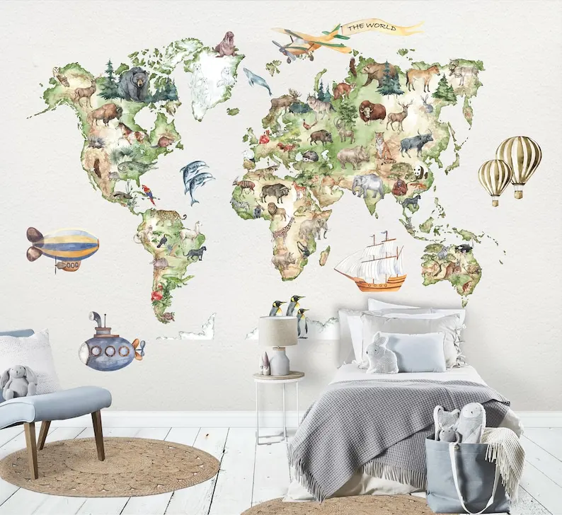 Wall Decal Kids World Map with animals and Personalised Name, peel and stick wall mural for kids room, interactive world map, co
Wall Decal Kids World Map with animals and Personalised Name, peel and stick wall mural for kids room, interactive world map, co
