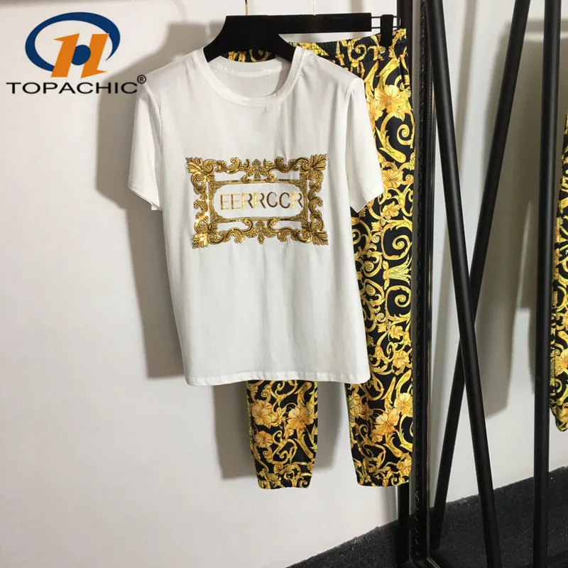 6.15 High Quality Golden Sequins Embroidery Letter Short Sleeve T-Shirt + Vintage Print Elastic Waist Casual Set Women
6.15 High Quality Golden Sequins Embroidery Letter Short Sleeve T-Shirt + Vintage Print Elastic Waist Casual Set Women