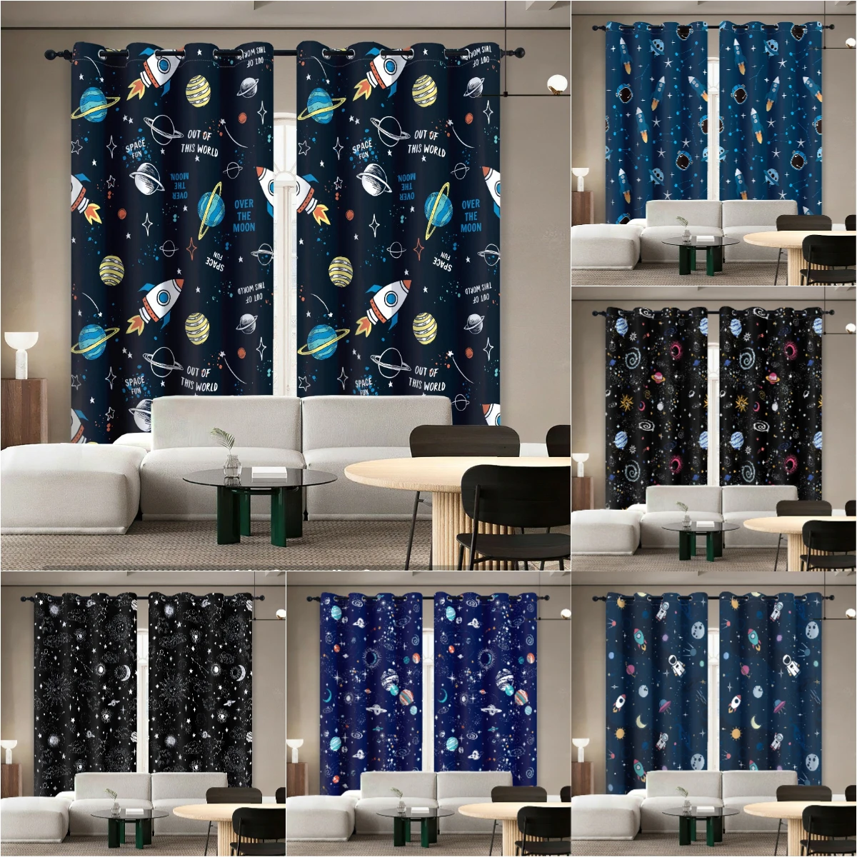 

Cute Astronaut Window Curtains Spaceship Rocket Moon Eyelet Blackout Curtain Galaxy Star Outer Space Drapes for Kids Room Decor