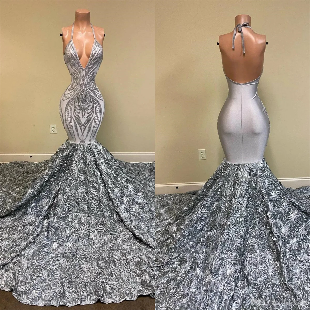 Luxury Mermaid Evening Dress With Strappy V-Neck Sexy Backless Prom Dresses Lace Appliqué Silver/Red Elegant Court Train
Luxury Mermaid Evening Dress With Strappy V-Neck Sexy Backless Prom Dresses Lace Appliqué Silver/Red Elegant Court Train