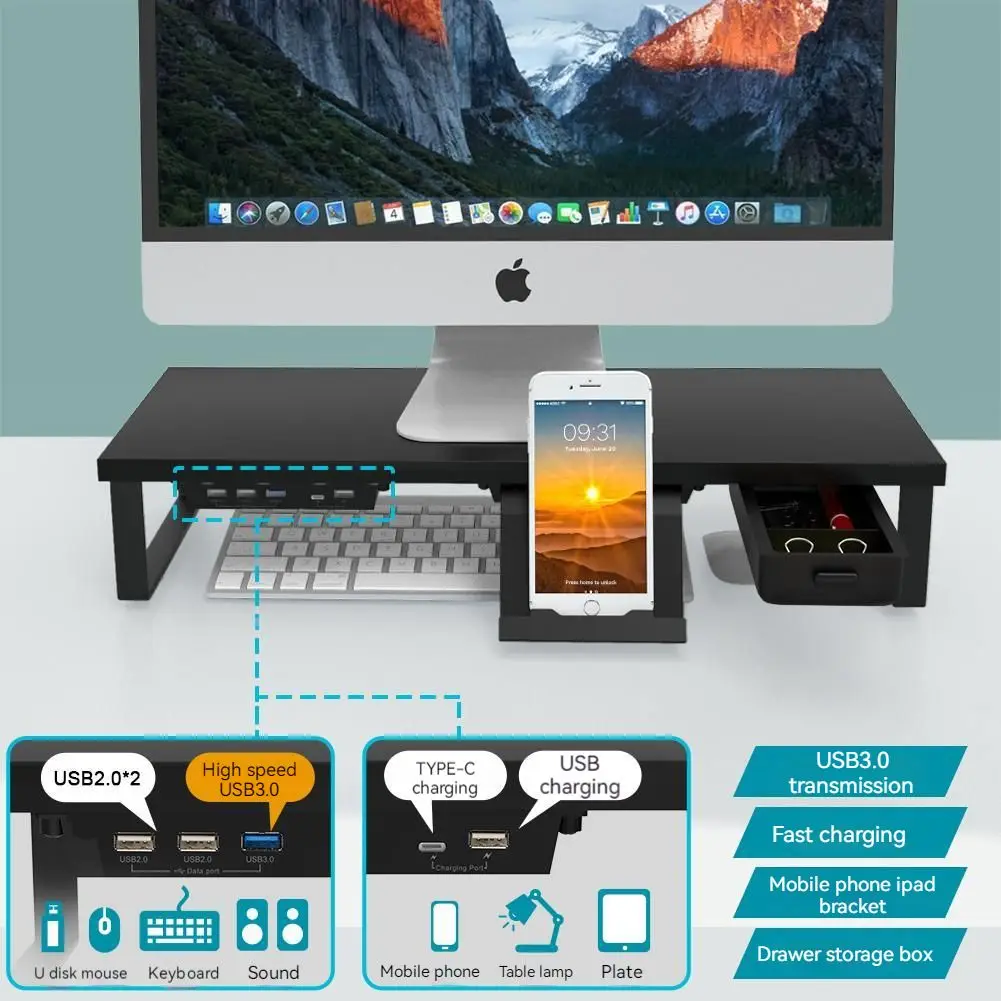 Computer Monitor Heightening Stand Usb3.0 Fast Charging With Mobile Phone Bracket Notebook Storage Box Desktop Storage Elevation
Computer Monitor Heightening Stand Usb3.0 Fast Charging With Mobile Phone Bracket Notebook Storage Box Desktop Storage Elevation