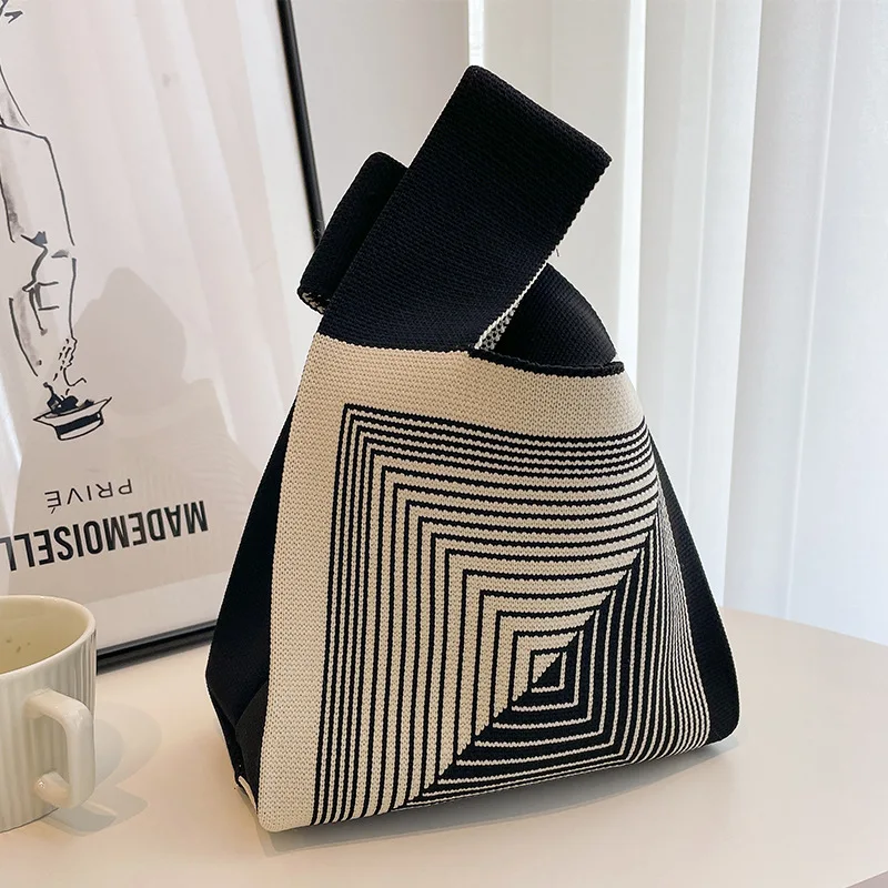 Fashion Handmade Knit Handbag Women Mini Knot Wrist Bag Japanese Casual Wide Stripe Plaid Tote Bag Student Reusable Shopping Bag 
Fashion Handmade Knit Handbag Women Mini Knot Wrist Bag Japanese Casual Wide Stripe Plaid Tote Bag Student Reusable Shopping Bag