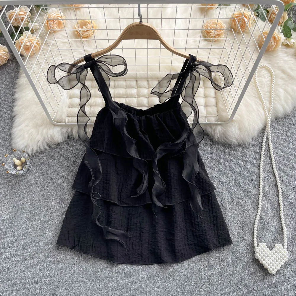 Summer New Camisole Women's Ruffled Sleeveless Off The Shoulder Elegant Cake Tank Top Fashion Mesh Lace-up Sling Camisoles Mujer
Summer New Camisole Women's Ruffled Sleeveless Off The Shoulder Elegant Cake Tank Top Fashion Mesh Lace-up Sling Camisoles Mujer