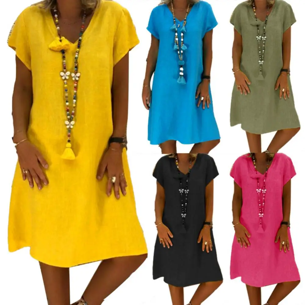 Loose Solid Color Loose Dress Casual V Neck Short Sleeve Women Dress Knee-length Dress Beach Knee-length Dress
Loose Solid Color Loose Dress Casual V Neck Short Sleeve Women Dress Knee-length Dress Beach Knee-length Dress