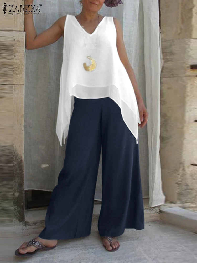 Women Matching Sets ZANZEA Stylish Solid Suit Casual Summer Outifits Female Asymmetrical Blouse Wide Leg Pants Tracksuits
Women Matching Sets ZANZEA Stylish Solid Suit Casual Summer Outifits Female Asymmetrical Blouse Wide Leg Pants Tracksuits