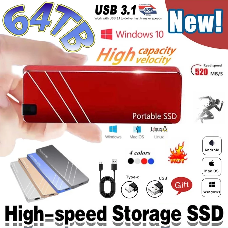 

NEW Original 500GB Portable SSD High Speed 1TB 2TB 4TB 8TB 16TB External Solid State Drive USB3.1 Type-C Hard Disk for Laptop