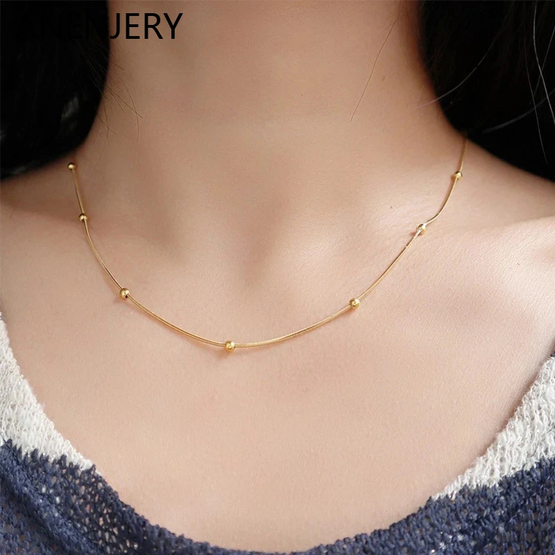 

ANENJERY 316L Stainless Steel Round Beads Snake Bone Necklace Vegan Simple Clavicle Ladies Necklace Festive Party Jewelry Gift