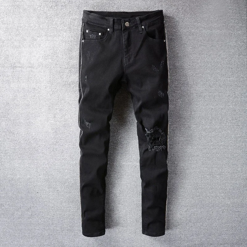 

Jean Male Streetwear For Black Hole Elegant High Street Punk Rock Hip Hop Trend Ripped Designer Skinny Denim Lelaki Trousers