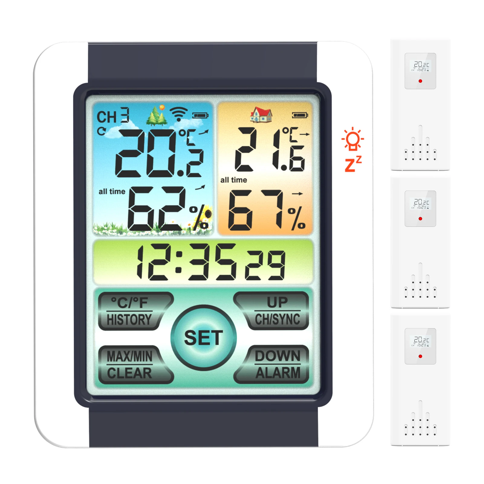Temperature Humidity Meter LCD Touch-Screen with Backlight Time Alarm Snooze Function Temperature Humidity Meter With Emitter
Temperature Humidity Meter LCD Touch-Screen with Backlight Time Alarm Snooze Function Temperature Humidity Meter With Emitter