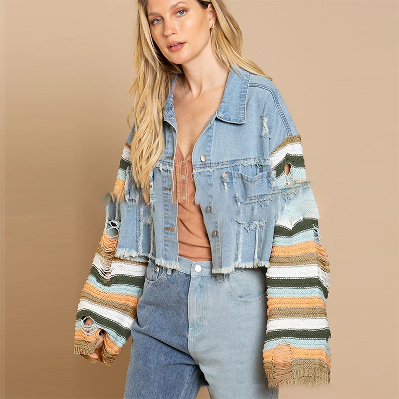 Denim Jacket Women 2022 Autumn New Fashion Loose Pocket Stitched Wool Sleeve Casual Vintage Blue Jacket Office Lady Jean Outwear 
Denim Jacket Women 2022 Autumn New Fashion Loose Pocket Stitched Wool Sleeve Casual Vintage Blue Jacket Office Lady Jean Outwear