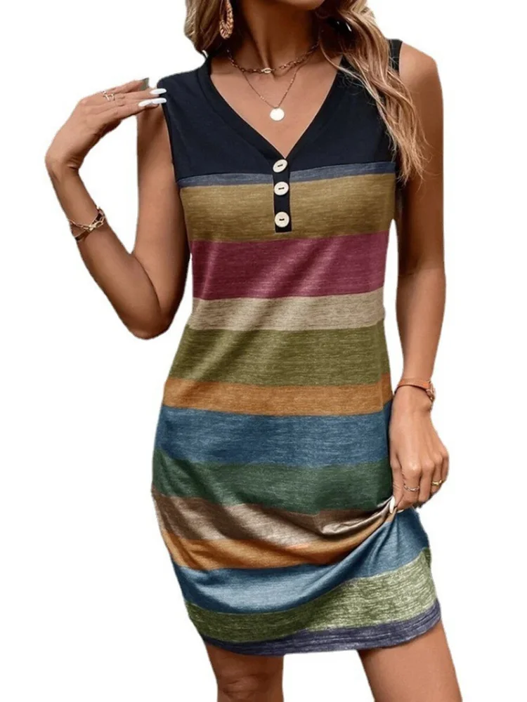 Women's Summer Sleeveless Dress Fashion Casual Striped Printed Mini Dresses Feamle V-Neck Button Party Dress
Women's Summer Sleeveless Dress Fashion Casual Striped Printed Mini Dresses Feamle V-Neck Button Party Dress