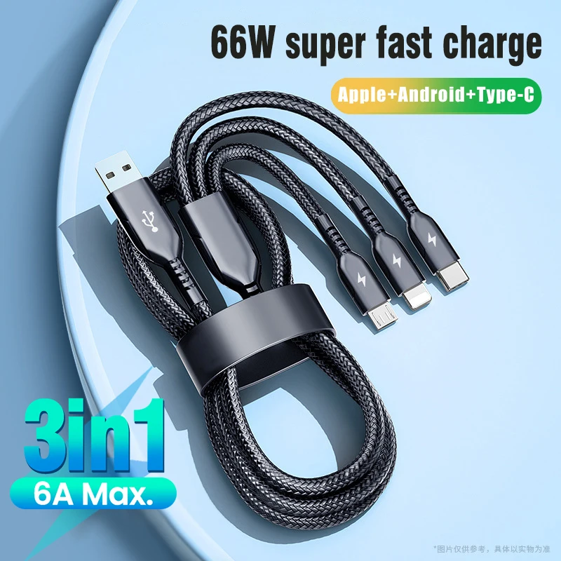 

3in1 USB Cable for iPhone 14 13 12 11 Pro max 6A Super Fast Charger Charging Cable for Huawei Samsung S20 Xiaomi Micro USB Wire