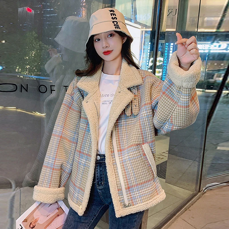 Winter Warm Wool Plaid Padded Jacket Women Loose Casual Long Sleeves Coats Turndown Collar Korean Fashion Lady Outwear New
Winter Warm Wool Plaid Padded Jacket Women Loose Casual Long Sleeves Coats Turndown Collar Korean Fashion Lady Outwear New