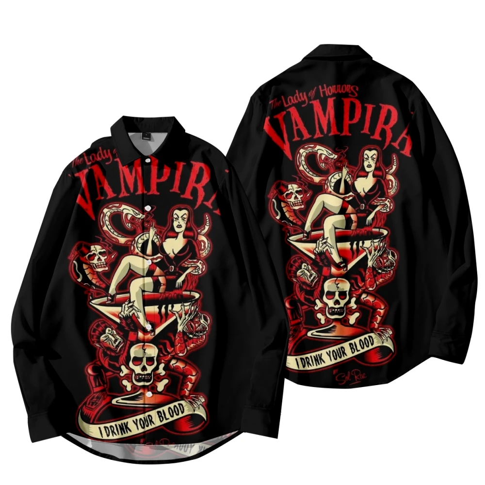 Y2K Мужская рубашка со скелетом, красавица, с принтом VAMPIRA, повседневная винтажная рубашка с длинными рукавами для мужчин и женщин, весна-осен...
Y2K Мужская рубашка со скелетом, красавица, с принтом VAMPIRA, повседневная винтажная рубашка с длинными рукавами для мужчин и женщин, весна-осен...